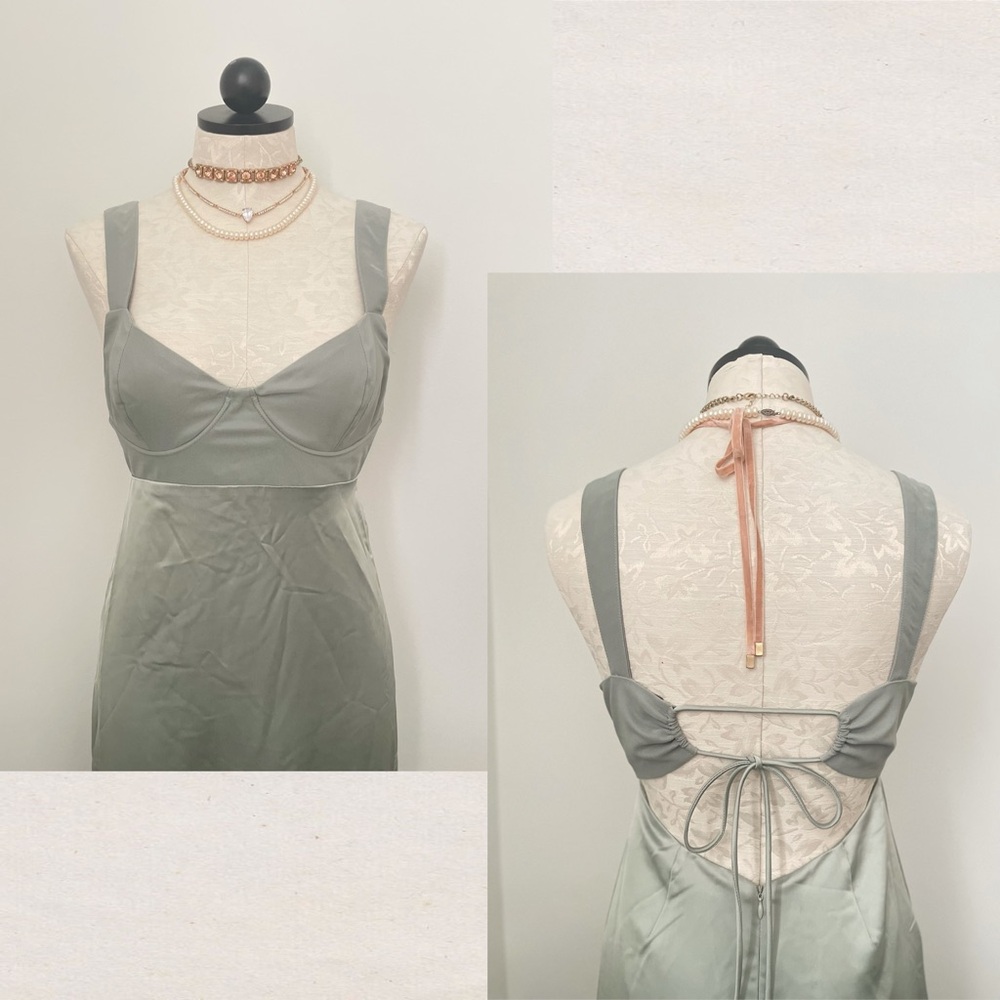 Free People Gia Maxi Dress Mermaids Satin Backless Sage Green A-Line Small 4 - Picture 5 of 9